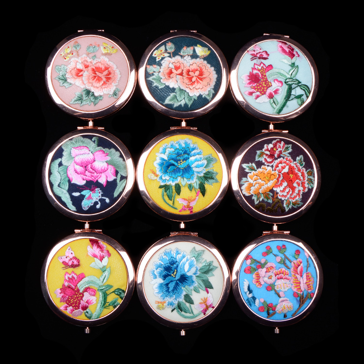大竹化妆随身镜精品出国送礼刺绣中国风古风摄影 手绣镜子